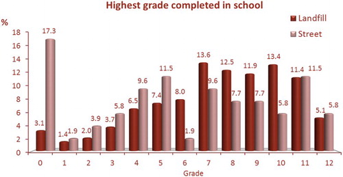 Figure 1 Highest grades in school completed by landfill and street waste pickers.