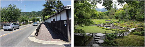 Figure 3. A contextualization of Murin-an garden. The images were taken 40 metres apart, outside (a) and inside (b) the garden. Mount Higashiyama is included as a reference in both images.