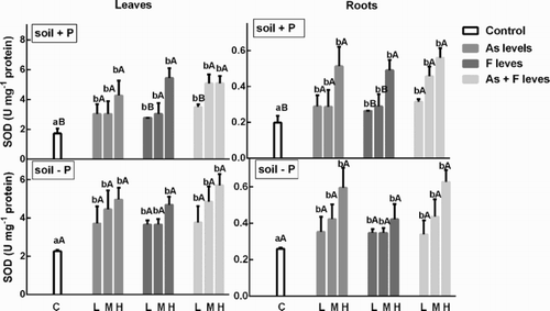 Figure 3. Determination of SOD activity on soybean roots and leaves’ treatment with low, medium and high As and/or F concentration with both P conditions. Experiments were carried out as described in the ‘Materials and methods’ section. Data are mean values of three independent experiments ± S.E. Each value represents three replicates. Different lowercase letters within columns indicate significant differences with respect to controls (p < 0.05). Different capital letters within rows indicate significant differences between roots or leaves in Soil P+ and Soil P−(p < 0.05), according to the Tukey’s multiple range test.