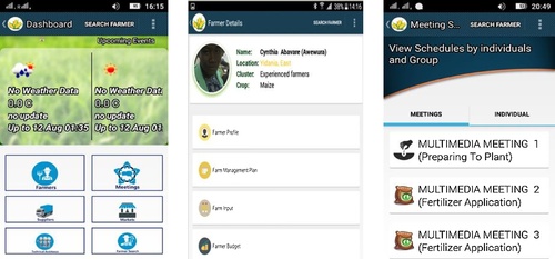 Fig. 2 (Left to right) SmartEx homepage; SmartEx farmer records summary; SmartEx meetings data capture. Farmer tab: function to 1) facilitate the collection of farmer registration data and farmer profiling (as experienced; moderately experienced; farmers on the rise; and moving from subsistence); 2) collect baseline date on farmers production practices by crop and farming enterprise credit activities, and update it seasonally; 3) to document and update seasonal farm management and credit plans; and 4) to digitise agents weekly plans and weekly reports. Meetings tab: function to record out comes of 1) farmer group meetings by crop at pre-planting, first and second fertiliser application, and harvest or post-harvest; and 2) individual farmer visits planned according to the production activities to facilitate registration, farm planning, fleid measurement, crop assesments and fertiliser application. Suppliers tab: contact details of a range of agricultural input suppliers, financial instructions, tractor service provided and transpoters arranged by region. Market tab: contacts details of agro-processors, aggregators and traders by region. Technical Assistance tab: repository of various crop mangement guides, and videos on production, pest and disease control, processing and marketing. Farmer Search tab: search function to enable agents retrieve farmer records by crops, community (location), profile or name.