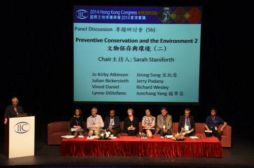 Figure 1 Panel members for the Preventive Conservation and the Environment discussion session: from left, Sarah Staniforth (Chairman), Jo Kirby Atkinson, Julian Bickersteth, Vinod Daniel, Lynne DiStefano, Jirong Song, Jerry Podany, Richard Wesley, and Junchang Yang.©IIC 2014 Hong Kong Congress.