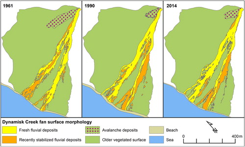 Figure 6. Spatial distribution of the Dynamisk Creek fan surface morphology units in 1961, 1990, and 2014. The maps from 1961 and 1990 are based on aerial photographs provided by © Norwegian Polar Institute (http://geodata.npolar.no).