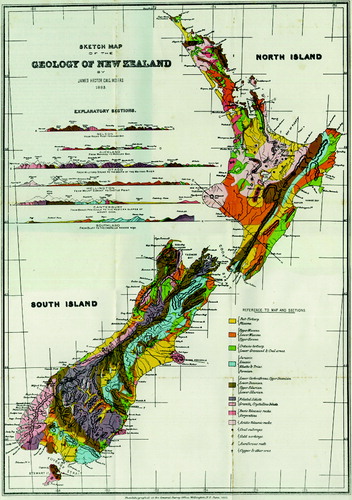 Figure 5 1884 geological map of New Zealand, published in the Reports of Geological Exploration for 1883–1884.