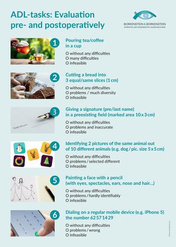 Figure 1 ADL and functional vision questionnaire. Evaluations take place prior to and after surgery with IOL implantation (Image courtesy Borkenstein & Borkenstein, Praxis für operative und konservative Augenheilkunde).