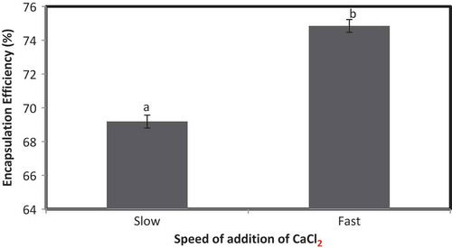 Figure 5. EE of microencapsules prepared by emulsification method using SA as wall material. Note: a,bSamples represented with different letters are significantly different (p < 0.05) from each other. Error bars show the variations of three determinations in terms of standard error of mean.Figura 5. ee de microencapsulados preparados por el método de emulsificación utilizando sa como material de paredes.Nota: a,bLas muestras representadas con letras diferentes son significativamente diferentes (p < 0,05). Las barras de error muestran las variaciones de tres determinaciones en términos de error estándar de la media.