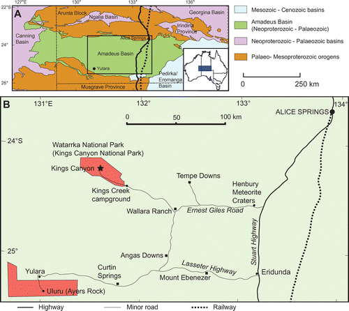 Fig. 1. Locality details. A, Map of central Australia showing the position of the Amadeus Basin with respect to neighbouring geological provinces. B, Detailed map of the area delineated in A showing the location of Kings Canyon. Further geological details of the area were provided by Bagas (Citation1988).
