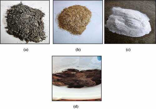 Figure 1. (a) Fly ash (b) Rice husk (c) Marble dust and (d) Human hair.