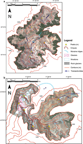 Figure 2. (a) Map of the Craig Goch study area showing topography (peaks and contour lines), large-scale landform features (cirques, moraine ridges, rock glaciers, nivation hollows), land cover (true color image background), and location of transects and sampled profiles. The legend unit “Glaciers” only applies to the Lago Vintter study area (see Figure 2b). (b) Map of the Lago Vintter study area showing topography (peaks and contour lines), large-scale landform features (glaciers, cirques, moraine ridges, rock glaciers, nivation hollows), land cover (true color image background), and location of transects and sampled profiles. The mountaintop (1,822 m) near site VT T1-1 is locally known as “Peak Gretel.” Site CF stands for Cors Fochno (Fochno Bog), a large peatland area located at 1,010 m elevation, characterized by a 233-cm peat deposit underlain by 210-cm (glacio-) fluvial and lacustrine deposits. For legend, see Figure 2a.