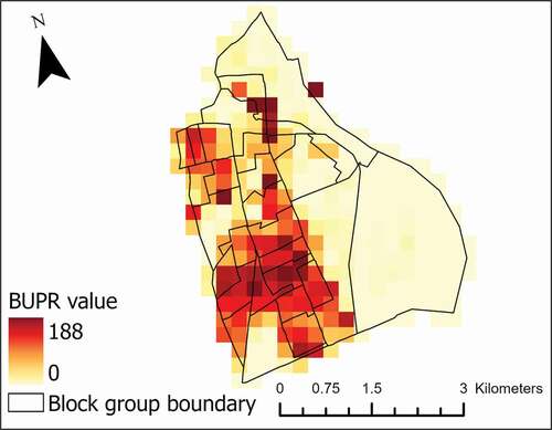 Figure 3. BUPR values for block groups in the city center and suburban areas of Hartford, Connecticut