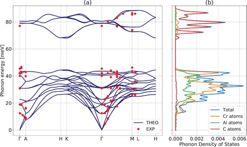 Figure 2. (a) First-principles phonon spectrum and experimental phonon energy modes of Cr2AlC along major crystallographic directions and (b) corresponding theoretical phonon density of states separated among the various atomic constituents.