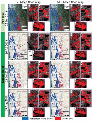 Figure 7. Change detection based flood maps obtained with pre-flood and during flood images. The figures (a), (b), (c) are the enlarged part of the rectangles shown in the left figures, but with SAR image as background. The rectangles are overlaid on Sentinel-2 true colour image on the top row and Open Street MAP (OSM) at the other rows