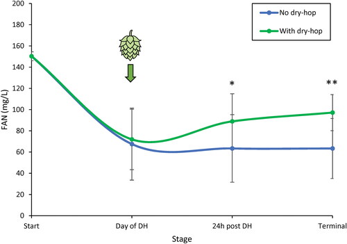 Figure 5. Mean FAN concentration in fermenting beer of all dry-hopped (green) and non-hopped (blue) treatments measured on the day of dry-hopping, 24 h after dry-hopping, and at terminal gravity. Mean shown as all twelve yeasts outlined above, including a biological triplicate of US-05, with total sample size of n = 14. Amino acid concentrations were measured via ion exchange chromatography, converted to FAN (excluding proline), and reported in mg/L. * designates p-value <0.05 and ** designates p-value <0.01.