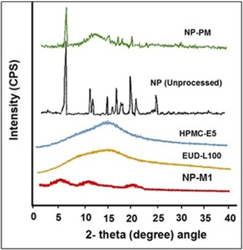 Figure 5 P-XRD pattern of NP (Unprocessed), NP-PM, NP-M1, EUD, and HPMC.
