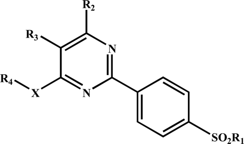 Figure 1.  Structures of the 2-(4-methylsulphonylphenyl)pyrimidine derivatives.