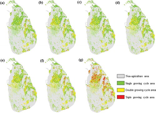 Figure 10. The spatial distribution of number of growing cycle in agricultural region based on smoothed results from (a) TBC 1, (b) TBC 2, (c) TBC 3, (d) TBC 4, (e) TBC 5, (f) TBC 6, and (g) without CPI.