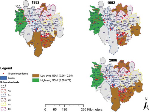 Figure 3. Spatiotemporal maps of average NDVI for 1982, 1992, and 2006 within the study regions. The green color represents clusters of subwatersheds with high average NDVI, while the brown color represent clusters of low average NDVI.