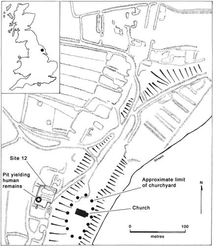 Fig 5 Plan of the medieval village of Wharram Percy, showing location of pit complex yielding human remains, associated with the western row of buildings and separated from the church by a steep escarpment. Reproduced with permission from Mays et al Citation2017a.