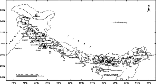 Fig. 7 Isohyetal map of one-day extreme rainfall (mm) over the Himalayan region.