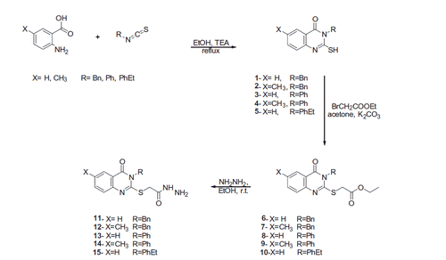 Scheme 1. Synthesis of 2-[(3-substituted-4(3H)-quinazolinon-2-yl)thio]acetohydrazides 11–15.