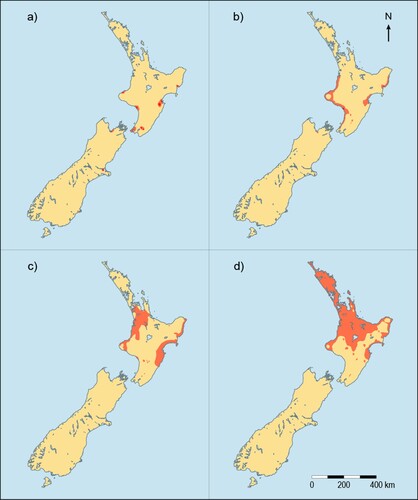 Figure 2. Myna distribution across New Zealand during four time periods, clockwise from top left; A, 1870s–80s, B, 1900s–10s, C, 1930s–40s, D, 1960s–2010s. See further detail of myna distribution over time in the Supplementary Information.