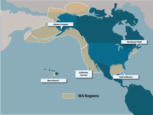 Figure 1. Map of NOAA Integrated Ecosystem Assessment program study areas throughout the United States. NOAA IEA Program, https://www.integratedecosystemassessment.noaa.gov/.