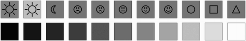 Figure 2. The stimuli used for the simulations. The top row consists of different symbols, all 50% grey except the second sun symbol which is 75% grey. The happy and sad faces were assigned emotional values of 1, 0.5, −0.5 and −1 respectively. All other stimuli were neutral. The second row consists of grey scale images from 0% to 100% white.