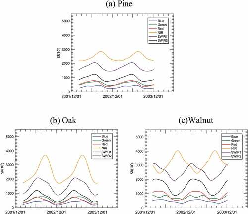 Figure 4. Spectral characteristics of different dominant tree species over time characterized by the MCCDC coefficients.