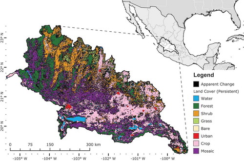 Figure 1. Study area location of Lerma–Chapala–Santiago (LCS) watershed, with apparent change and persistence, 2001–2007. For full color versions of the figures in this paper, please see the online version.