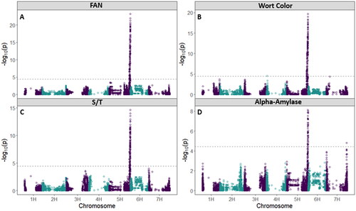 Figure 9. Manhattan plots with a significance threshold resulting from the GWAS showing significant peaks for the malting traits A) FAN, B) WC, C) S/T, and D) AA.