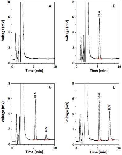 Figure 4 Representative chromatograms from (A) blank DUV-free human plasma, (B) plasma spiked with OLA (250 ng mL−1), (C) plasma spiked with OLA (250 ng mL−1) and DUV (7 ng mL−1; LOQ), and (D) plasma spiked with OLA (250 ng mL−1) and DUV (60 ng mL−1). mV is the detector response in millivolts.