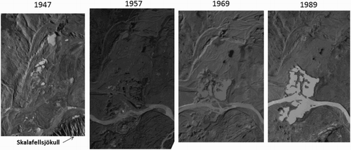 Figure 5. Aerial photograph extracts (Landmaelingar Islands) from 1947, 1957, 1969 and 1989, showing the development of the melt-out of buried glacier ice and concomitant emergence of an esker beneath the glacifluvial outwash corridor at the former suture zone of Heinabergsjökull and Skalafellsjökull.