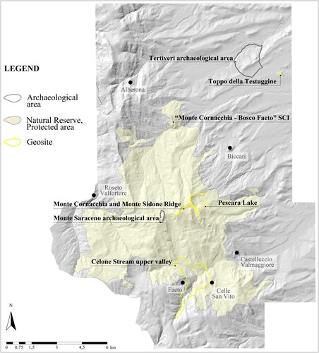 Figure 3. Protected and/or culturally relevant areas in the investigated portion of the Daunia Mts.