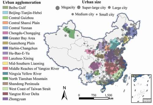 Figure 1. Sample cities identified as lying within urban agglomerations along with their population sizes.