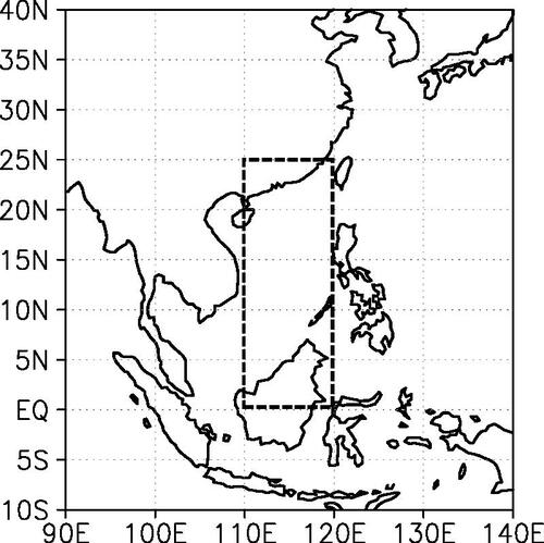 Fig. 1. Definition of South China Sea (SCS) domain (0°-25°N, 110°E-120°E) in this study.