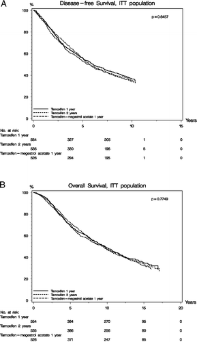 Figure 2.  Kaplan-Meier estimates of DFS (Panel A) and OS (Panel B).