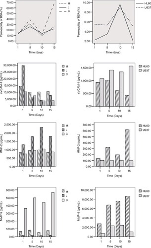 Figure 2 Permeability of HBMVECs and concentration of cytokines in different cell culture media, after exposure to different factors, on different days.Notes: M, HBMVEC exposure to culture medium containing sera of AML patients; L, HBMVEC exposure to culture medium with sera of ALL patients; C, HBMVEC exposure to culture medium with sera of healthy controls; HL60, HBMVEC exposure to culture medium with HL60 cells; and U937, HBMVEC exposure to culture medium with U937 cells.Abbreviations: ALL, acute lymphoblastic leukemia; AML, acute myeloid leukemia; BSA, bovine serum albumin; HBMVECs, human brain microvascular endothelial cells.