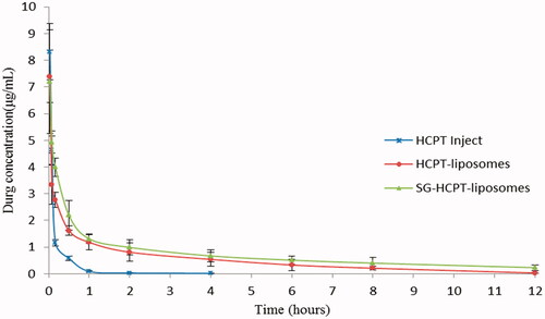 Figure 3. The concentration–time curves of HCPT in plasma of mice given HCPT Inject, HCPT-liposomes and SG-HCPT-liposomes after tail vein injection.