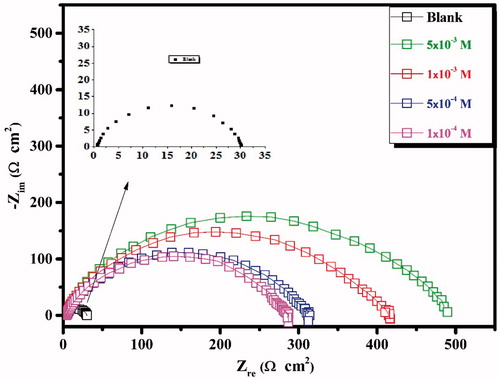 Figure 2. Nyquist plots recorded for carbon steel in 1.0 M HCl solutions without and with different concentrations of the inhibitor CPHQ at 303 K.