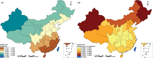 Fig. 6 Spatial heterogeneity for coefficients of health level impacting on TB prevalence (D1: coefficient; D2: standard error of coefficient).