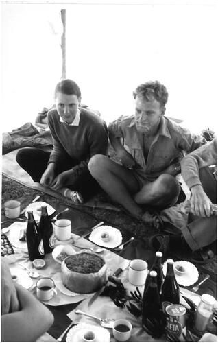 Figure 1. Wal and Janet Ambrose, archaeologists’ lunch, Motutapu Island 1958 (Photograph: Andrew Pawley archive).