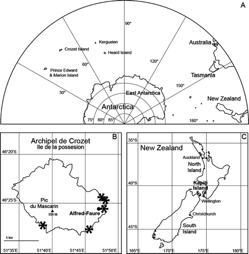 Figure 1  Map of the investigated locations. A, Part of the southern hemisphere with the locations of the Crozet Archipelago and New Zealand. B, Ile de la Possession (Crozet Archipelago) with the locations where Cavernosa was found. C, New Zealand showing the position of Kapiti Island.