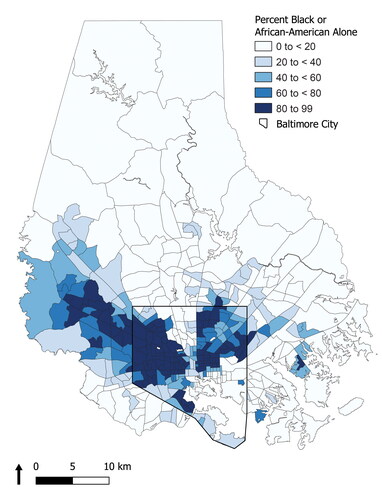 Figure 1. Percentage Black or African American (alone) population by census tract in the City of Baltimore and Baltimore County, 2015 through 2019. Source: Calculated by authors using data from U.S. Census Bureau (Citation2020).
