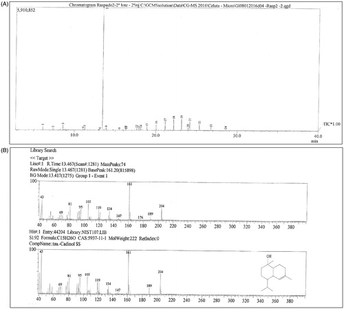 Figure 3. Gas chromatography coupled to mass spectrometry (GC-MS): (A) chromatogram and (B) mass spectrum of identified component.