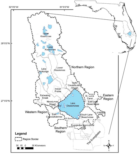 Figure 1. The state of Florida, Lake Okeechobee, and Lake Okeechobee watershed maps. The northern region includes the Upper and Lower Kissimmee, Taylor Creek/Nubbin Slough, Lake Istokpoga, Indian Prairie, and Fisheating Creek basins. The eastern region includes the eastern Lake Okeechobee and L8 basins. The western region includes Nicodemus Slough and the East Caloosahatchee basin. The southern region includes the S4 basin and the northern basin of the Everglades Agricultural Area (EAA).
