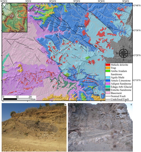 Figure 5. (a) Map of the dorerite outcrops (zoom from the Main Map); (b) dolerite dike intruded in Agula Shales near Mt. Amba Aradam (Mekele outlier); (c) dolerite deposit lying on top the Agula Shales immediately east of Mekele city.