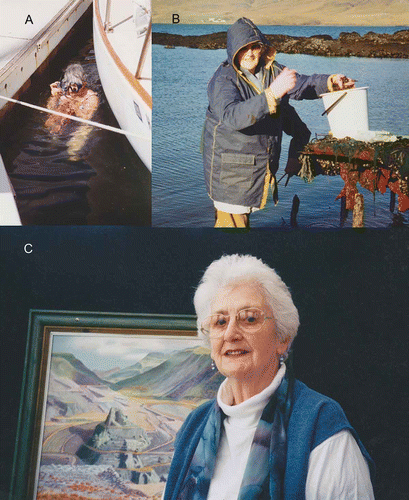 Figure 3. Phyllis Knight-Jones (A) diving in Hawaiian marina, 1993; (B) collecting specimens in Iceland, 1994; (C) with slate quarry painting, 2004. Photographs from the personal collection of Phyllis Knight-Jones.