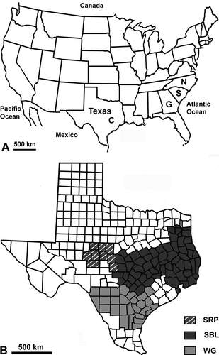 Figure 1. Maps of the United States of America and Texas. A. The United States of America showing College Station, Texas (C), North (N) and South (S) Carolina and Georgia (G). B. A map of Texas showing three boll weevil eradication zones: Southern Rolling Plains (SRP) zone, Southern Blacklands (SBL) zone, where Cameron is located, and Southern Texas/Winter Garden (WG) zone, where Uvalde is located.