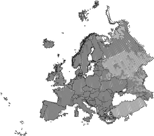 Figure 1. 50 × 50 km squares for which data were reported for EBBA1 (light grey squares) and for EBBA2 (dark grey dots). EBBA1 data came from 3949 squares and coverage for EBBA2 was 5095 squares (provisional values yet). These values correspond, respectively, to 74% and 96% of the total number of squares in the area shown in the map. It is very important to highlight that the completeness of the coverage was very low in EBBA1 in the northern half of Russia and in some parts of Caucasus and the Western Balkans. Data collection for EBBA2 was mainly carried out from 2013 to 2017 in the more than 50 participating countries, including much better coverage in the European parts of Russia and Kazakhstan, the Caucasus countries, the Canary Islands, Cyprus and the whole of Turkey.