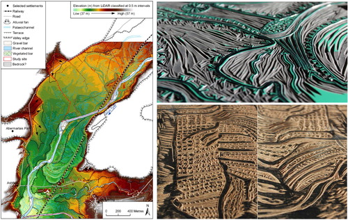 Figure 3. Geomorphological map of the Tywi River, Wales (CitationJones et al., 2011) (left) and lino- (top right) and woodblocks (bottom right) produced by Judy Macklin.