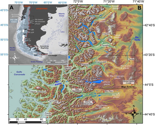 Figure 1. Geographical and glaciological context of the study area. (A) Approximate former extent of the Patagonian Ice Sheet (PIS) at the Last Glacial Maximum (LGM), redrawn after CitationGlasser et al. (2008) and CitationGlasser and Jansson (2008). Overlain in white are the contemporary North Patagonian (NPI), South Patagonian (SPI), and Cordillera Darwin (CDI) Icefields. Major eastern PIS glaciers are designated; BI: Bahía Inútil, EM: Estrecho de Magallanes, SS: Seno Skyring, BV: Bella Vista, LA: Lago Argentino, LV: Lago Viedma, LC/P: Lago Cochrane/Pueyrredón, LBA: Lago Buenos Aires. Bathymetric data of ocean basins were obtained from the General Bathymetric Chart of the Oceans (GEBCO) and are displayed in greyscale. A −125 m contour line is applied to simulate the approximate former position of coastlines at the LGM (CitationLambeck et al., 2014). The Chile/Argentina border is highlighted in red. (B) Digital elevation model (DEM) of northern Patagonian region from the ALOS WORLD 3D missions (version 2.2; JAXA; https://www.Eorc.jaxa.jp/ALOS/en/aw3d30/) with a shaded relief background and a black sea level contour line highlighting modern coastlines . White arrows indicate former ice-flow of major northeastern PIS outlets, including the Río Corcovado, Río Huemul and Lago Palena/General Vintter glaciers. The yellow line designates the contemporary Atlantic/Pacific drainage divide. Lake bodies and key river channels are drawn in blue. The black dotted box delineates the extent of the geomorphological map presented with this paper.